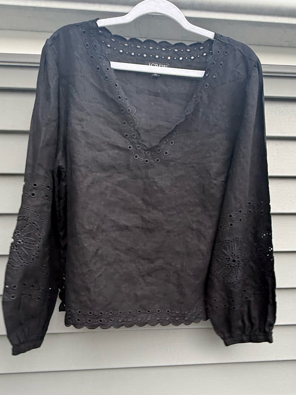 J Crew Long Sleeve Eyelet Linen Blouse Top size Large Black
